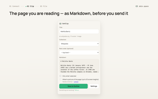 The page you are reading, as Markdown in the OutClip popup, before you send it