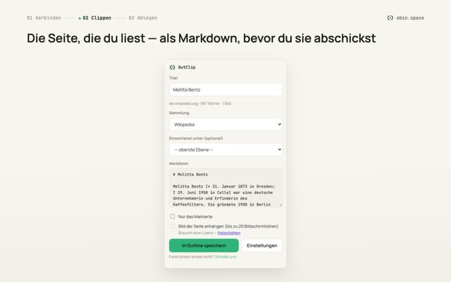 OutClip-Popup mit den Auswahlfeldern Sammlung und Einsortieren unter