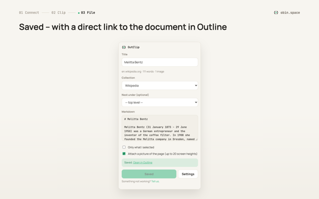 The OutClip popup after saving, with the link Open in Outline