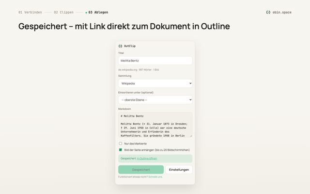OutClip-Popup nach dem Speichern, mit dem Verweis In Outline öffnen