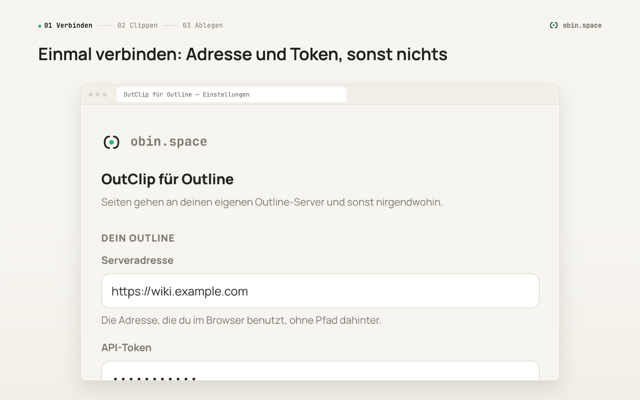 Einstellungen von OutClip mit den Feldern Serveradresse und API-Token