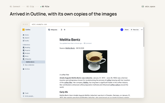 The saved page as a document in Outline, with its own copies of the images