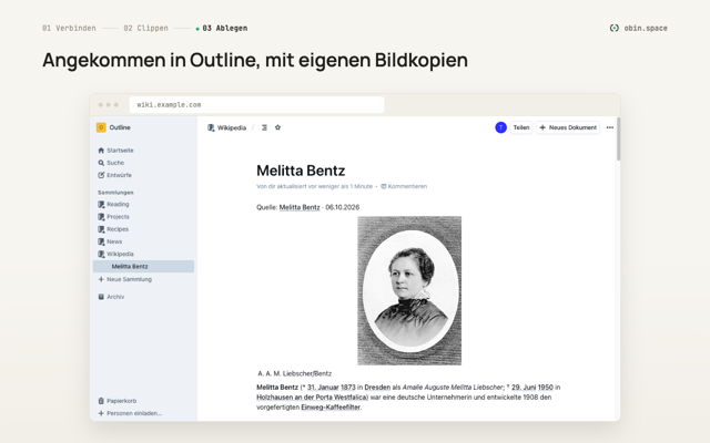 Die gespeicherte Seite als Dokument in Outline, mit eigenen Kopien der Bilder