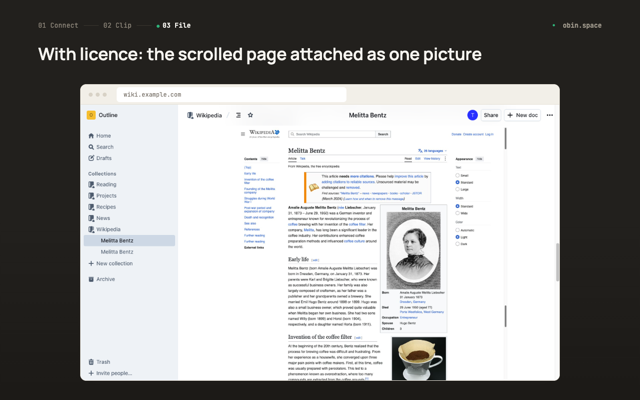 A scrolled picture of a Wikipedia page, attached to a document in Outline