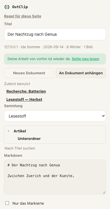OutClip-Popup im Modus An Dokument anhängen, mit zuletzt benutzten Dokumenten und dem Baum der Sammlung